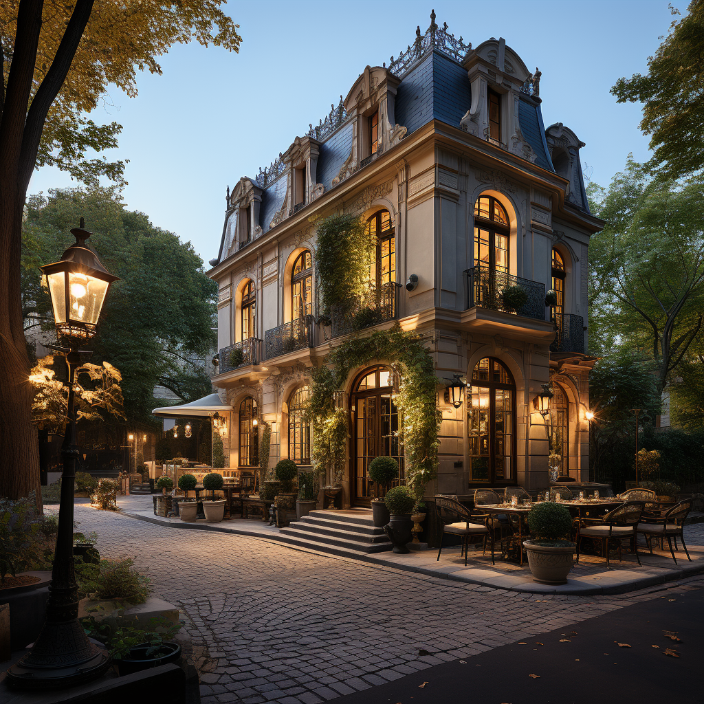 Các mẫu phối cảnh nhà phố 2 mặt tiền theo Phong cách cổ điển Pháp, kinh doanh cafe.